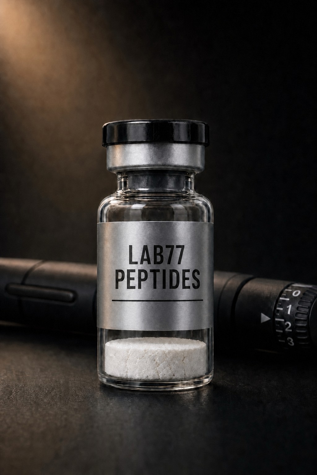 Lab77 Peptides research vial with branded silver label and injector pen on matte black surface